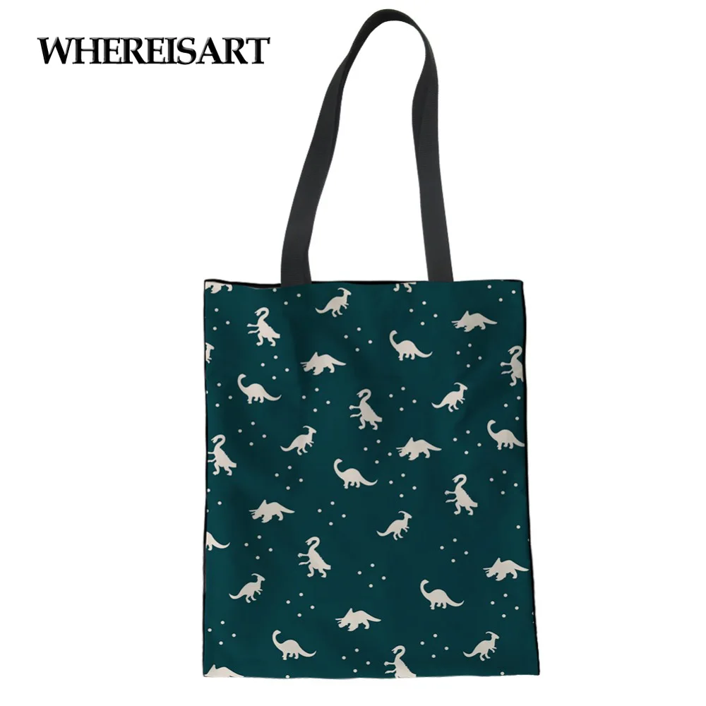 Женская Холщовая Сумка WHEREISART черная Повседневная Сумка-тоут с принтом динозавра
