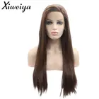 Термостойкий волосы Xiweiya, боковая часть, длинный шелковистый прямой коричневый синтетический кружевной передний парик для женщин, косплей с половинной завязкой