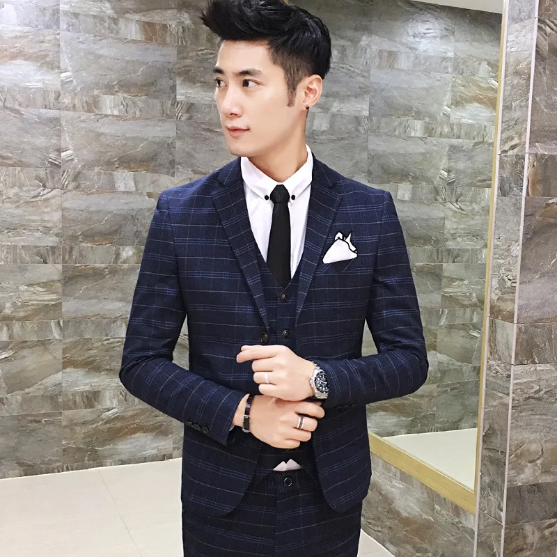 Korean Version Self-cultivation Men's Plaid Printed Suit Three-piece Dress Costume Homme Mariage Luxe | Мужская одежда