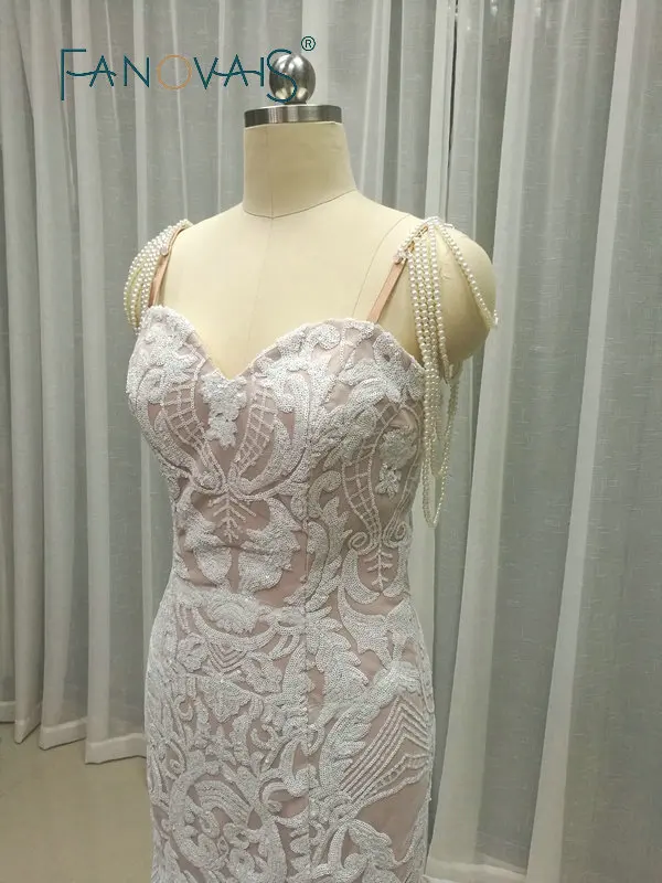 Кружева Русалка свадебные платья спагетти жемчуг роскошные robe de mariee Vestido novia 2019
