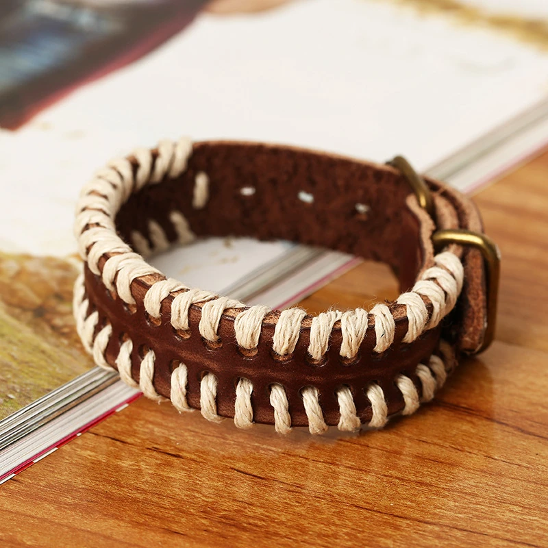 Мужской браслет из натуральной кожи коричневый широкий ручной работы в стиле