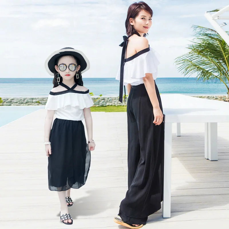 Mother Daughter Clothes Suits for Family Girl Summer Chiffon Suit 2017 New Strapless 2pcs Tops + Wide Leg Pants Sets Look | Мать и