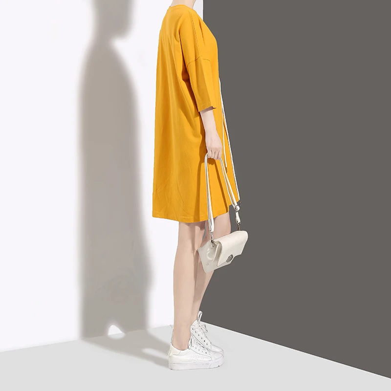 Hongsonghan Korean version 2018 fashion women's summer large size loose T-shirt dresses drawstring round waist knee length dress | Женская