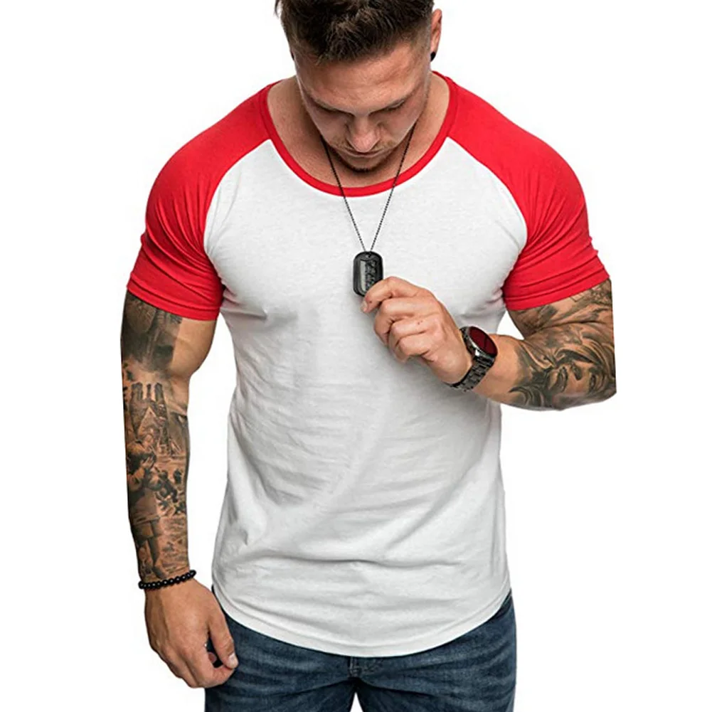 Мужская футболка с мускулами Лоскутная красная белая короткий рукав рубашка