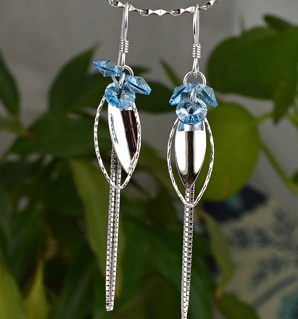 

Guarantee Plain 925 Sterling Silver, Crystal Leaf Earrings, 60 mm, 2.8g, EA31083-blue
