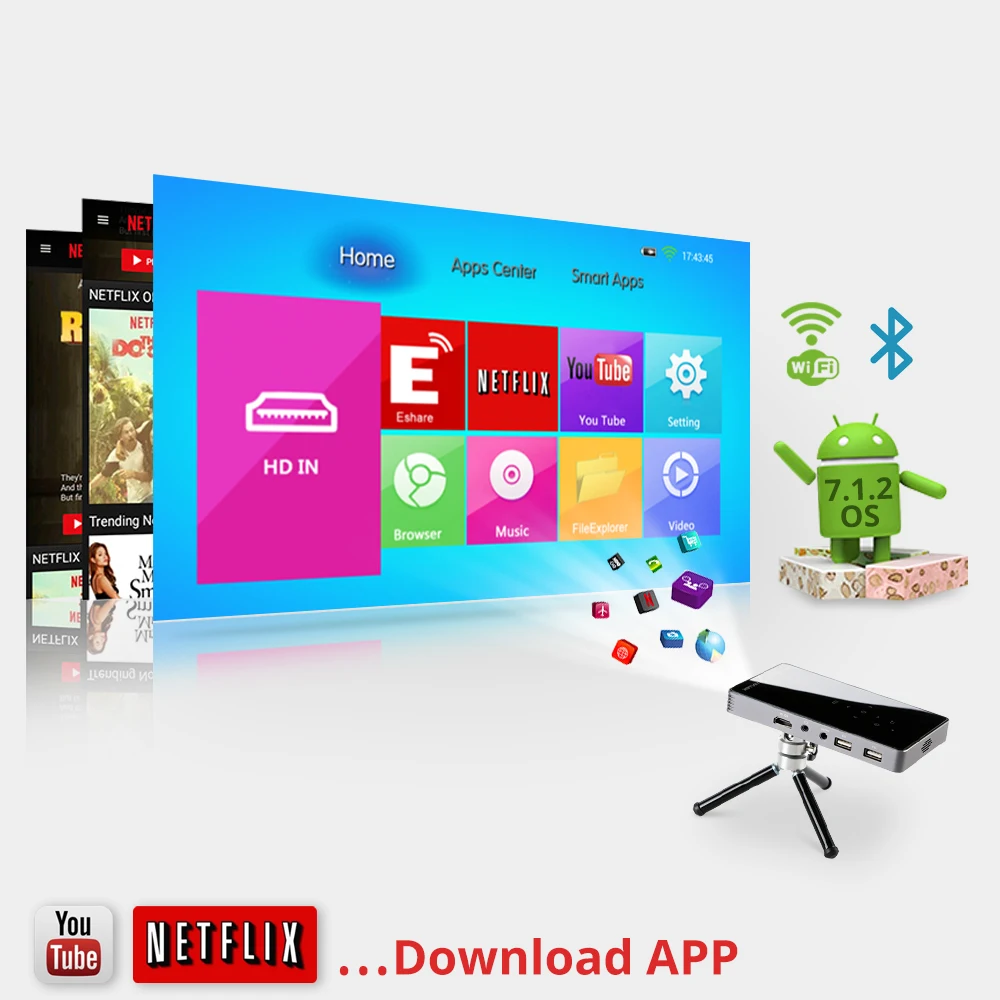 Мини-проектор BYINTEK P9 карманный светодиодный DLP-проектор на Android 7 1 Wi-Fi 1080P 3D
