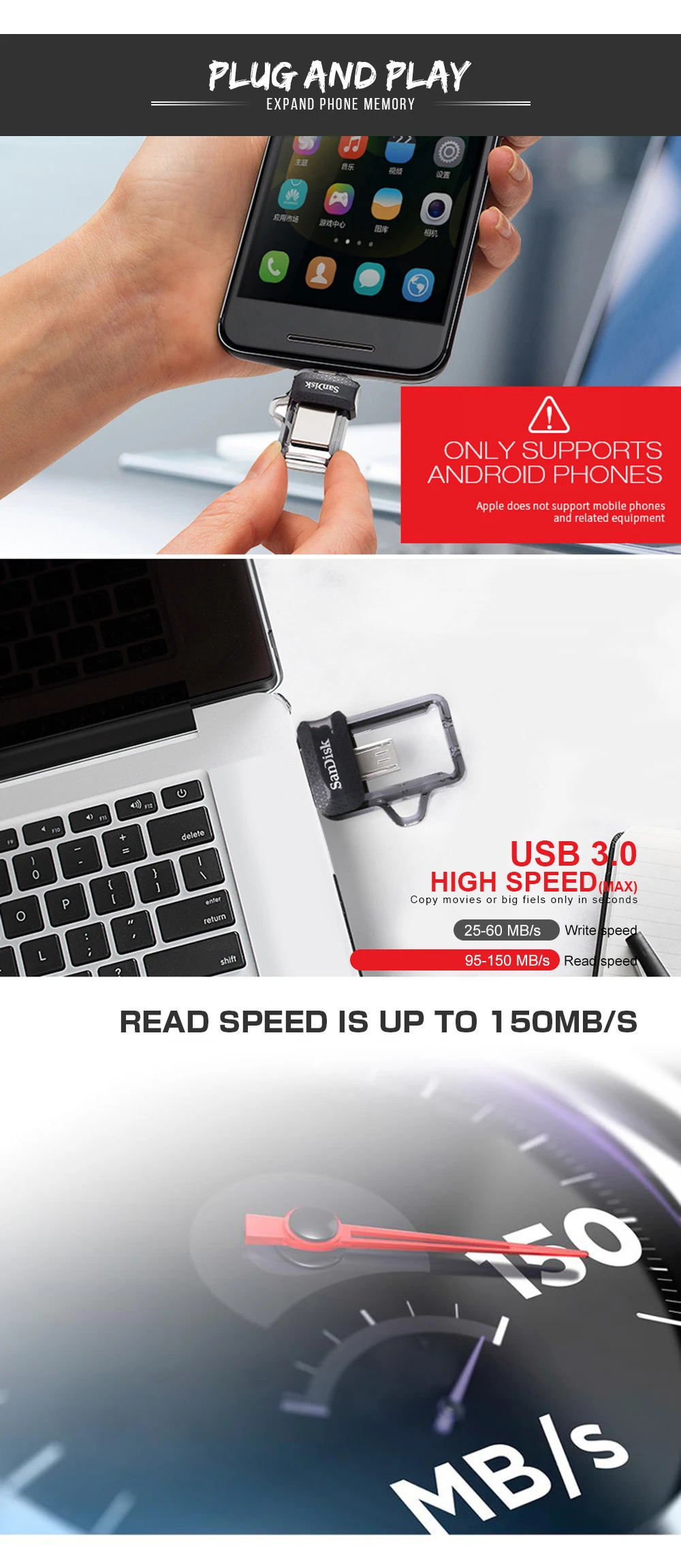 Sandisk USB флэш-накопитель 128 Гб 64 ГБ 32 ГБ 16 ГБ двойной портативный флэш-накопитель высокоскоростная память U диск Micro USB3.0 карта sdd3 для телефона или ПК