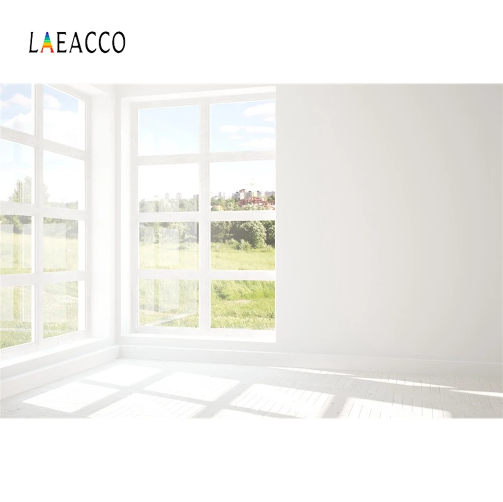 

Laeacco White Backgrounds Gray Wall French Window Sunshine Grass Interior Scenic Photography Backdrops Photocall Photo Studio
