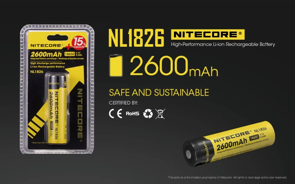 Nitecore NL1826 2600 мАч 18650 3.7 В Перезаряжаемые литий-ионный аккумулятор(NL186