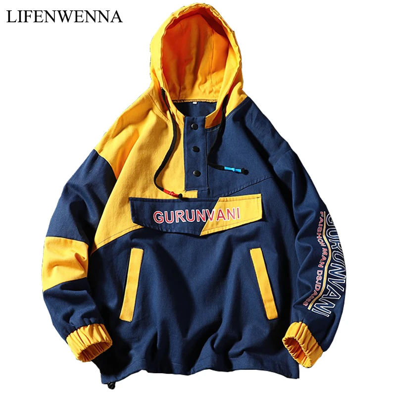 

Men's Pullover Jackets 2019 Spring New Fashion Patchwork Bomber Coat Mens Clothes Casual Hip Hop Hooded Streetwear Tracksuit 5XL