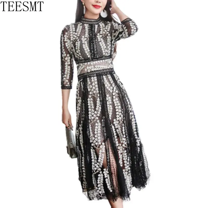 Новое модное подиумное платье до середины икры женское элегантное с рукавом 3/4