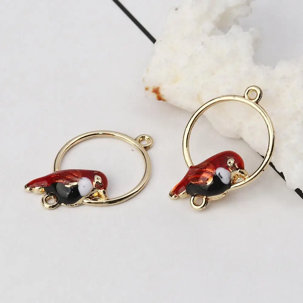 Doreenbeads Горячая Мода цинковый сплав разъемы Круглый Золото Красочные Птица на эмали ювелирные изделия DIY фурнитура 26 мм x 18 мм, 10 шт