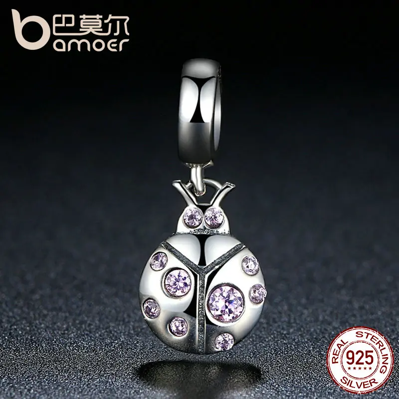 BAMOER 925 пробы Серебряный Жук бусины и подвески с розовыми кристаллами подходят DIY Браслеты S925 ювелирные изделия SCC023