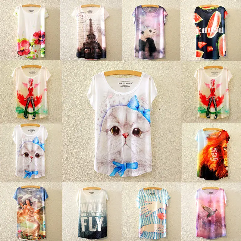 2018 Fashion Summer Women Casual Loose Short Sleeve O-Neck Animal Various Printing Top Ladies Print T-Shirt | Женская одежда