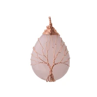 pink quartz pendant water drop shaped crystal natural stone tree of life necklace wire wrapped necklaces for women diy jewelry
