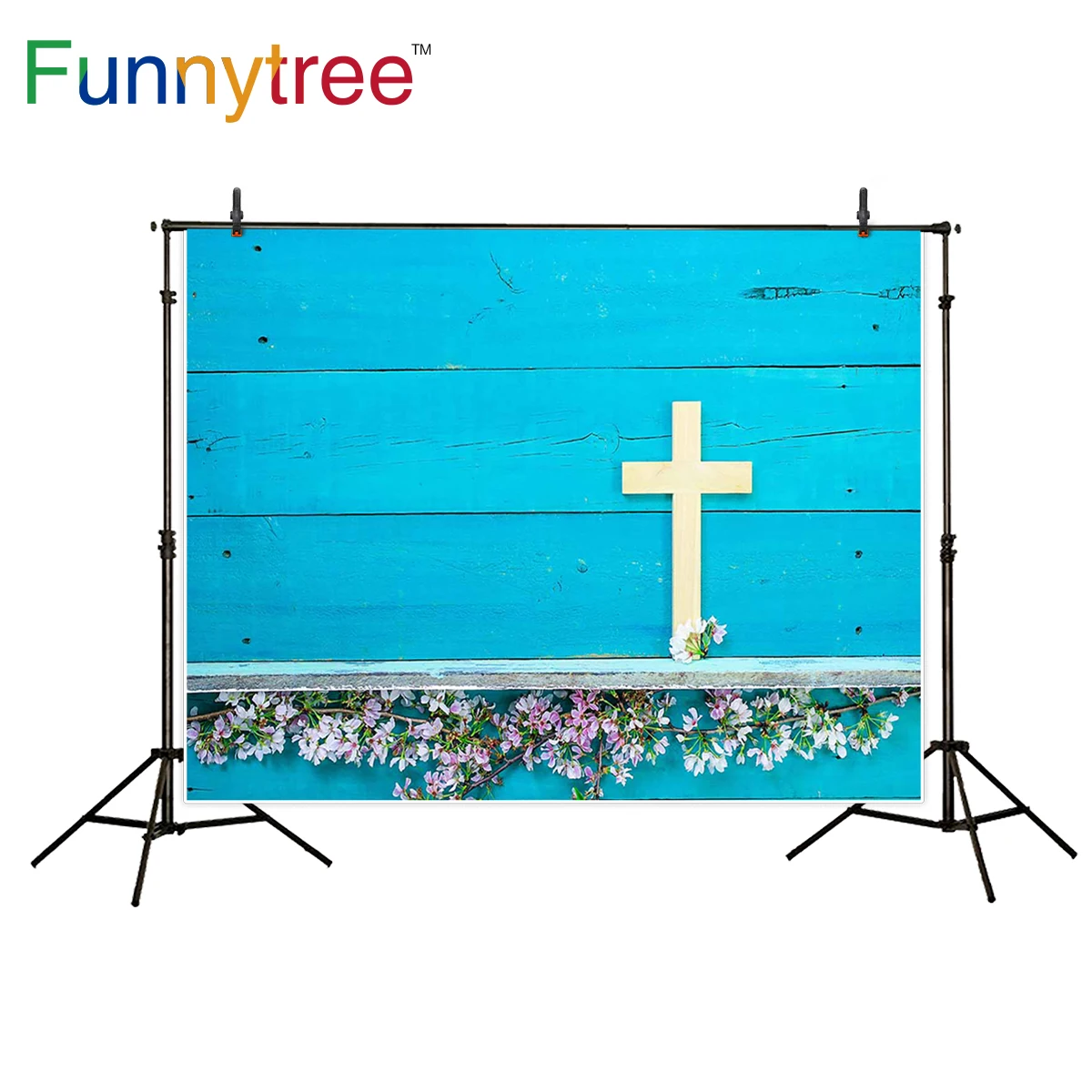 Фон для фотосъемки Funnytree с голубыми деревянными стенками и желтым крестом