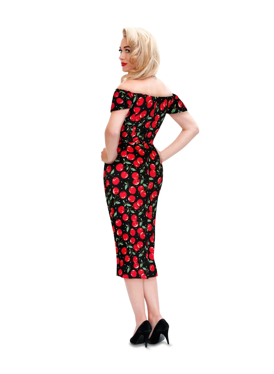 лето Женщины Винтаж 50 х годов с принтом вишни открытыми плечами wiggle d|dress robe|vintage