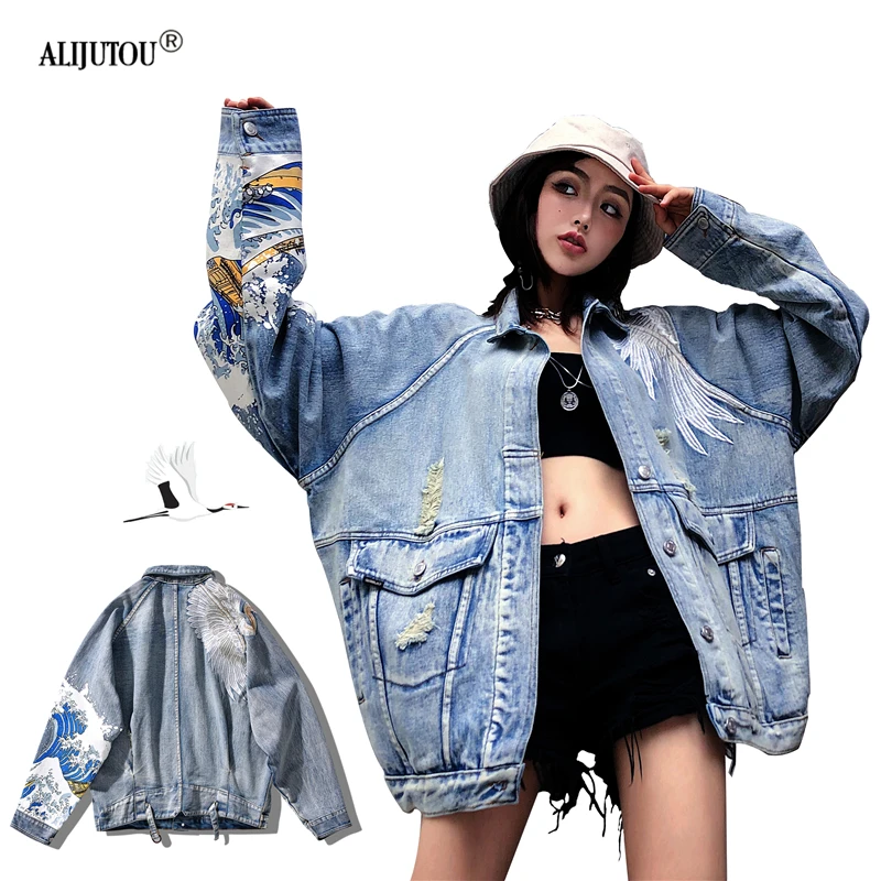 2019 Harajuku джинсовая куртка Женская мода оригинальный кран с вышивкой для женщин