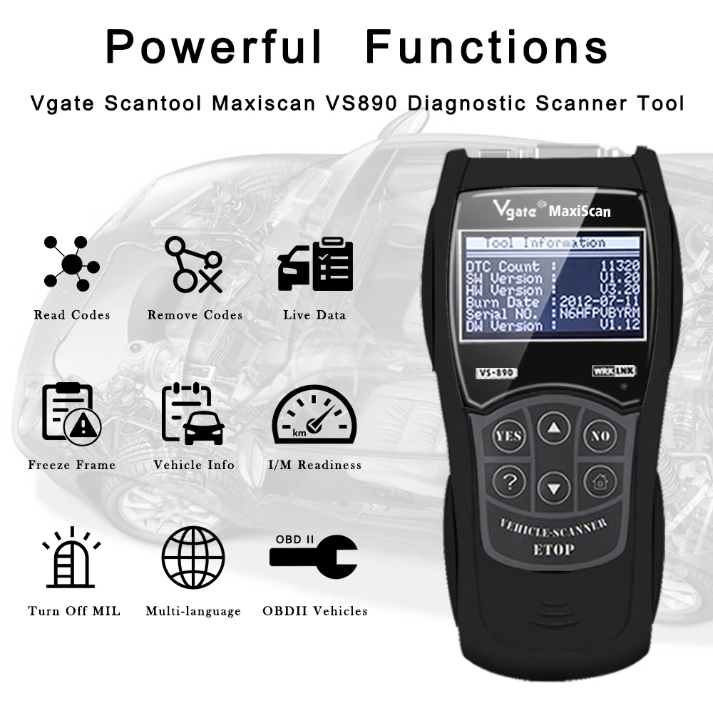 Фото Vgate VS890 MaxiScan obd 2 OBDII считыватель кодов диагностики автомобиля VS 890 диагностический инструмент obd2 сканер Профессиональный №2