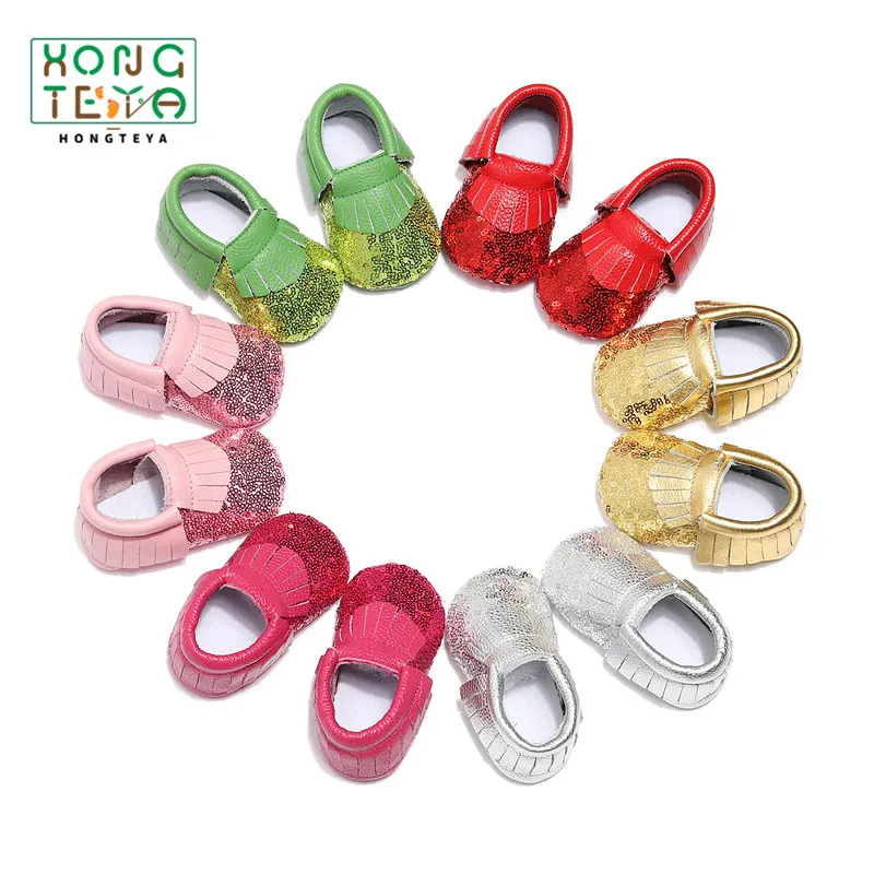 Genuine Leather Sequined Baby Shoes Fringe Shine Gold Newborn Infant Girls Christmas gift tassel baby moccasins shoes |