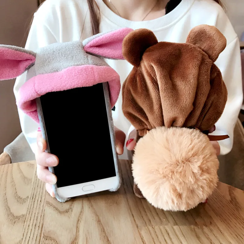 Ainike Cute Warm Fur Ball Bear Hat Phone Case For BBK Vivo X9s X20Plus Xplay5 X21i V15 Y17 Y3 Animal Ears Soft Furry Plush Cover |