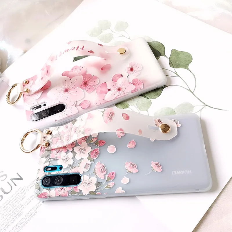 Для huawei P30/pro Peach blossom чехол на запястье полупрозрачный держатель цветы тиснение