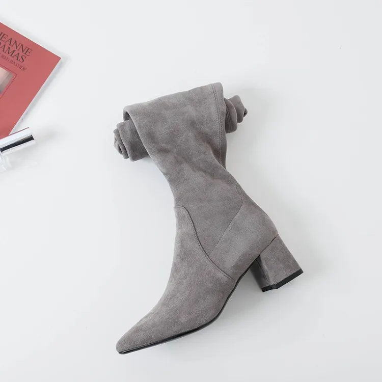 Женские замшевые ботфорты MLJUESE серые сапоги выше колена на высоком каблуке с