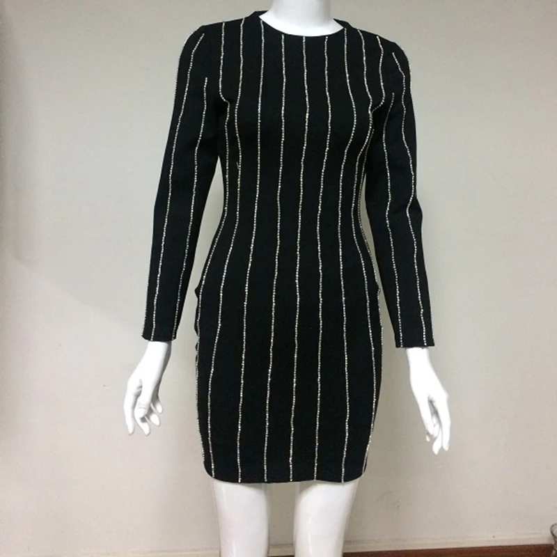 

Women Winter Casual Long Sleeve Striped Midi Banage Dresses Autumn Night Out Party Club Wear Black Dresses For Ladies Wholesale