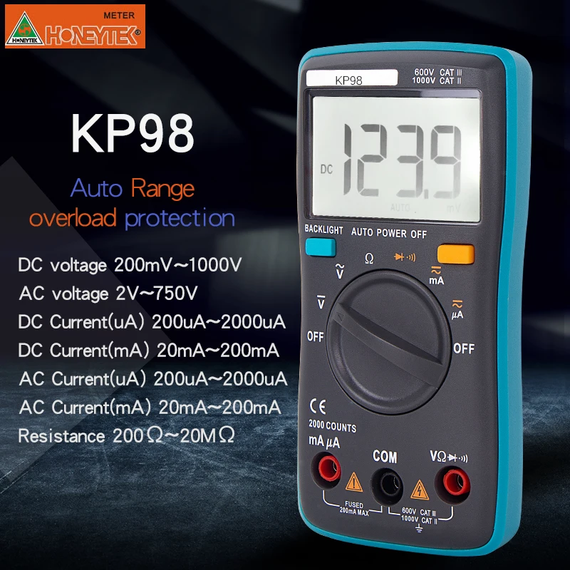 KP98 Kuaiqu 100 портативный автоматический цифровой мультиметр 4000 отсчетов подсветка AC/DC Амперметр Вольтметр Ом портативный измеритель напряжения - Цвет: KP98