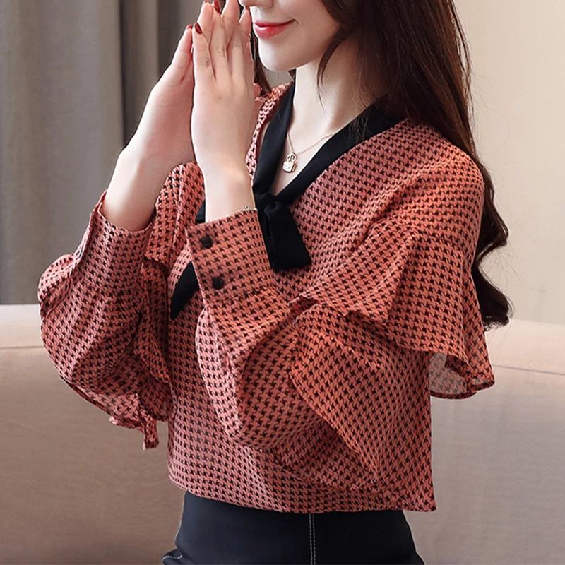 2019 летние женские шифоновые блузки с длинным рукавом и воротником-бабочкой