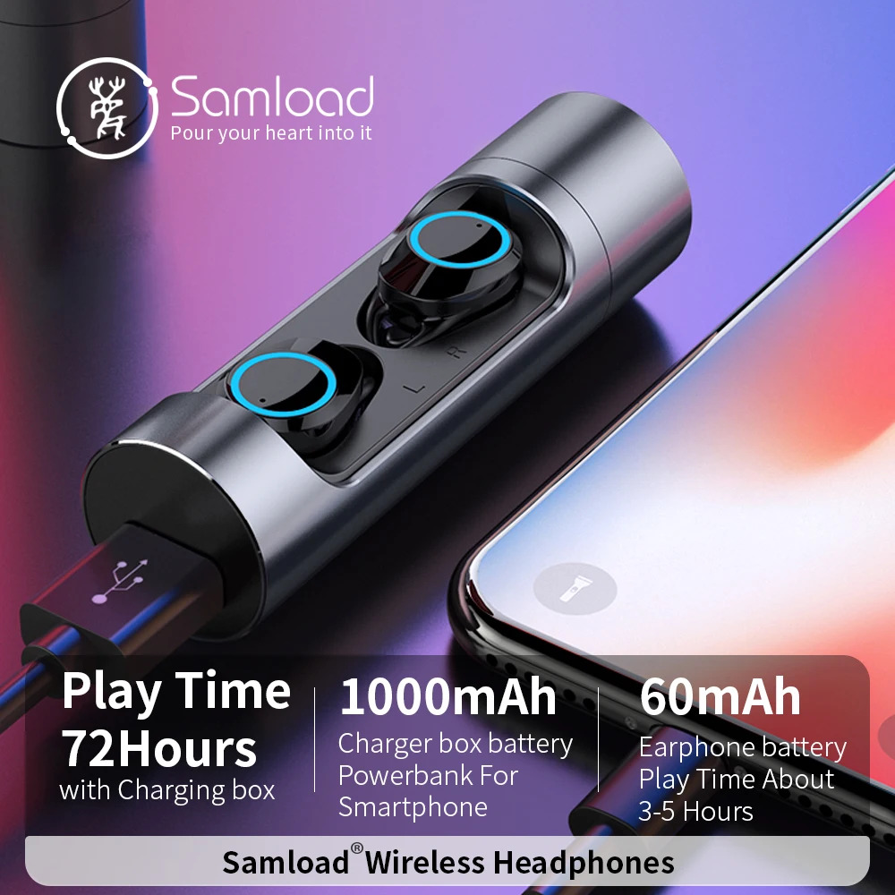 Samload, настоящие беспроводные стерео наушники, Bluetooth 5,0, вкладыши, наушники, IPX7, водонепроницаемые наушники с зарядным устройством для iPhone 7 8