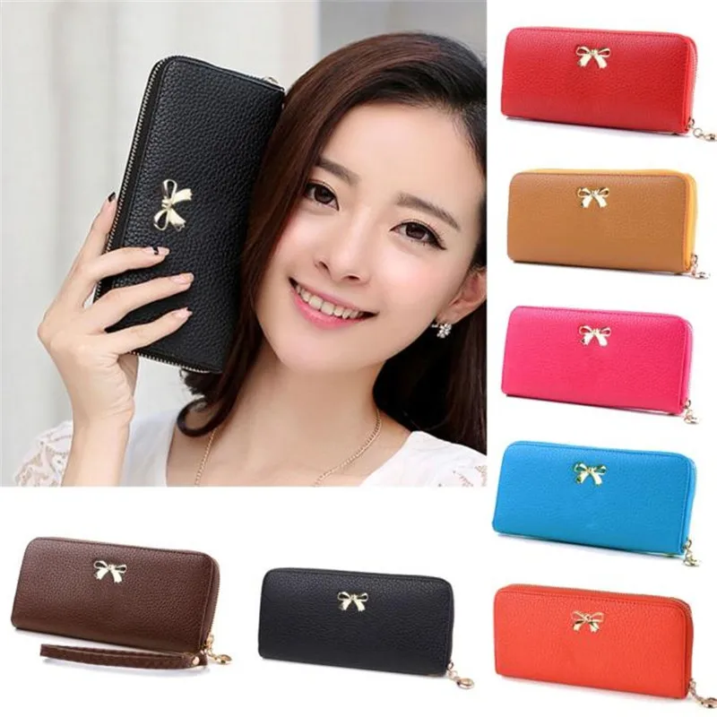 Модный женский кошелек милый бумажник с бантиком однотонный Длинный на молнии