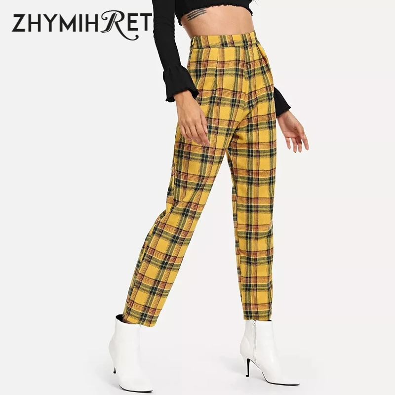 Брюки женские ZHYMIHRET, летние, клетчатые, желтые, с высокой талией, с  боковой молнией | Женская одежда | АлиЭкспресс
