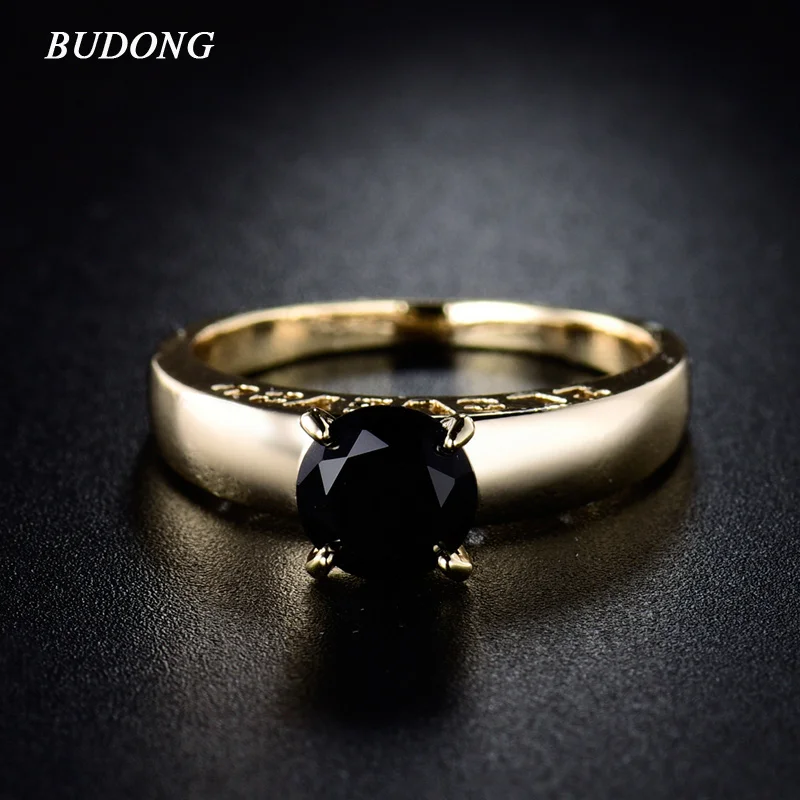 Женское кольцо с цирконием модное Золотое черным кристаллом и R126 | Украшения
