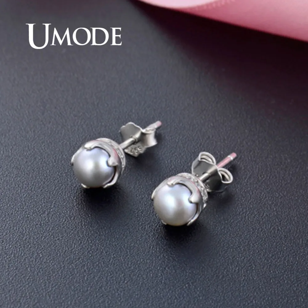 UMODE New White Round Pearl 925 Sterling Silver Stud Earrings for Women Small Cute Studs Gold Jewelry ALE0491 | Украшения и