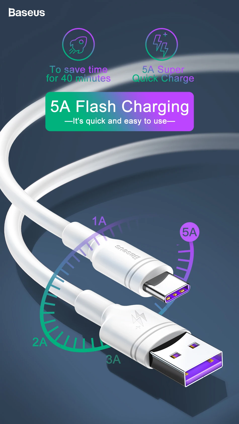 Baseus 5A usb type-C кабель для huawei P30 mate 20 Pro P20 Быстрая зарядка для huawei USB C Быстрая зарядка кабель