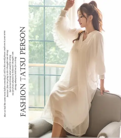 Fdfklak New High Grade White Nightgown Princess Long Sleeve Nightdress Ladies Sleepwear Dress Spring Summer Women Nightwear | Женская