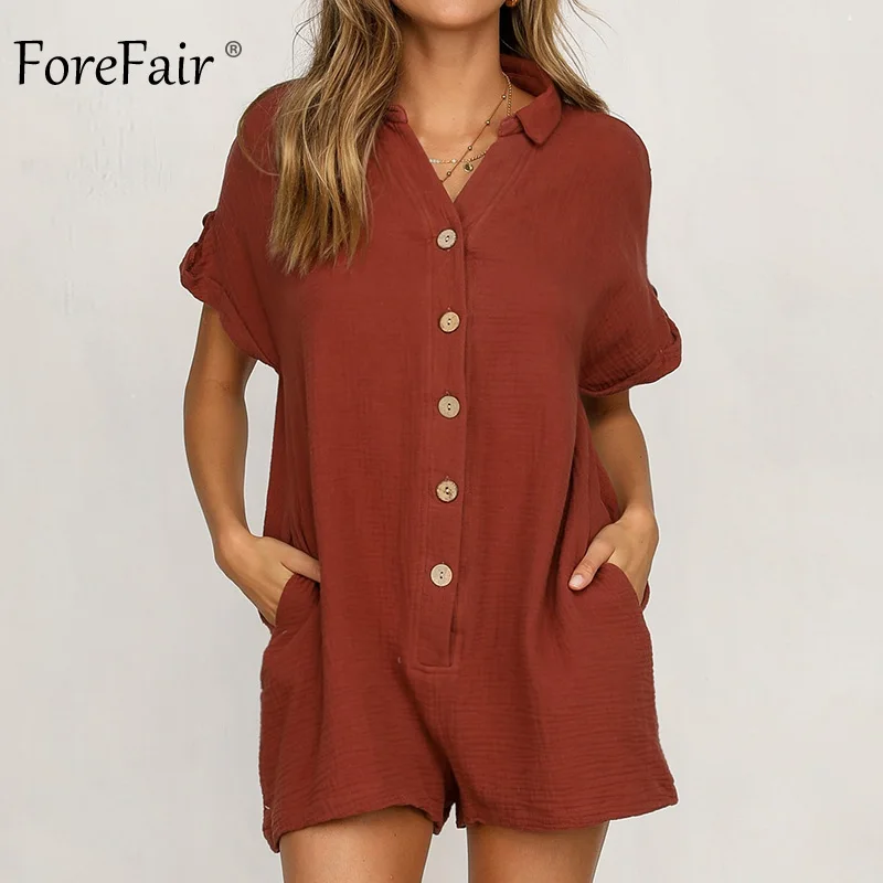 Forefair летние шорты с длинными рукавами льняные легкий костюм с шортами Для женщин комбинезоны Повседневное на пуговицах с карманами трубки, свободные, широкие в ноге, сексуальный комбинезон с шортами