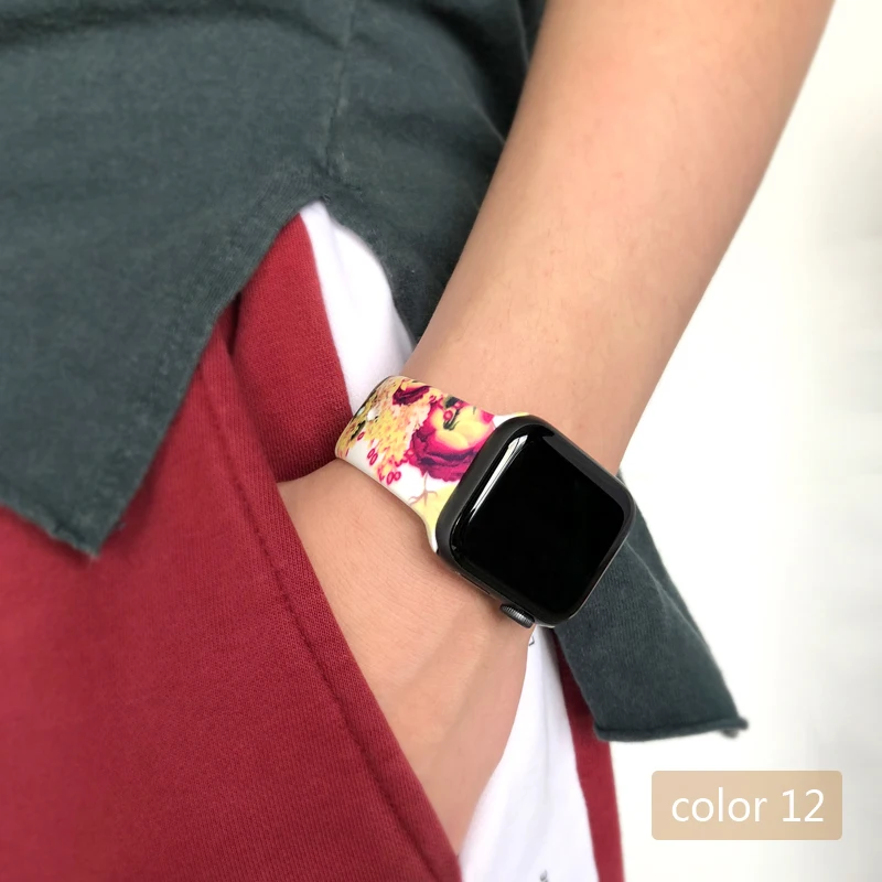Цветочные женские ремешки для Apple watch Series 5 4 3 2 1 40 мм 44 мм силиконовый Печатный ремешок для iWatch Series 4 3 2 1 38 мм 42 мм