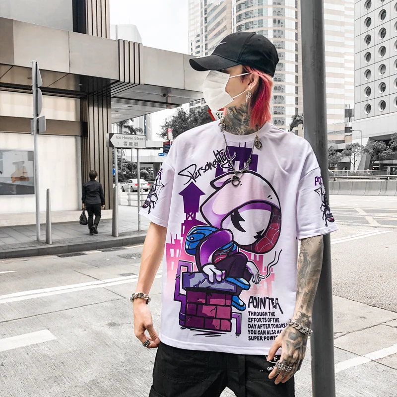 

Летнее платье для влюбленных бренда Tide Новинка 2021 трендовая футболка в стиле хип-хоп с коротким рукавом и мультипликационным принтом W463