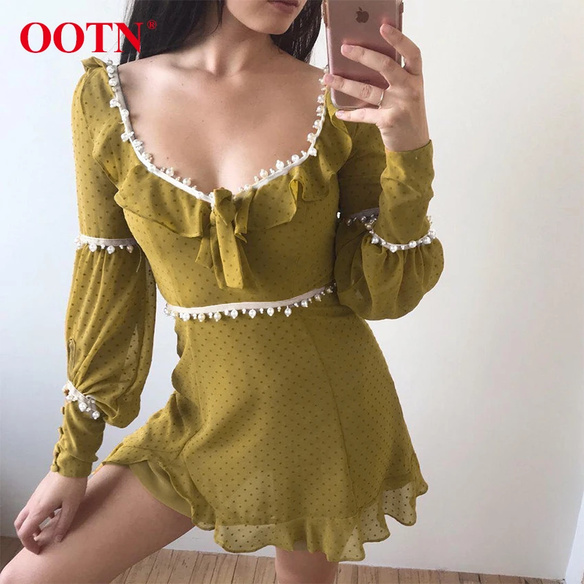 OOTN жемчужное желтое платье в горошек Летние шифоновые платья богемные с длинным
