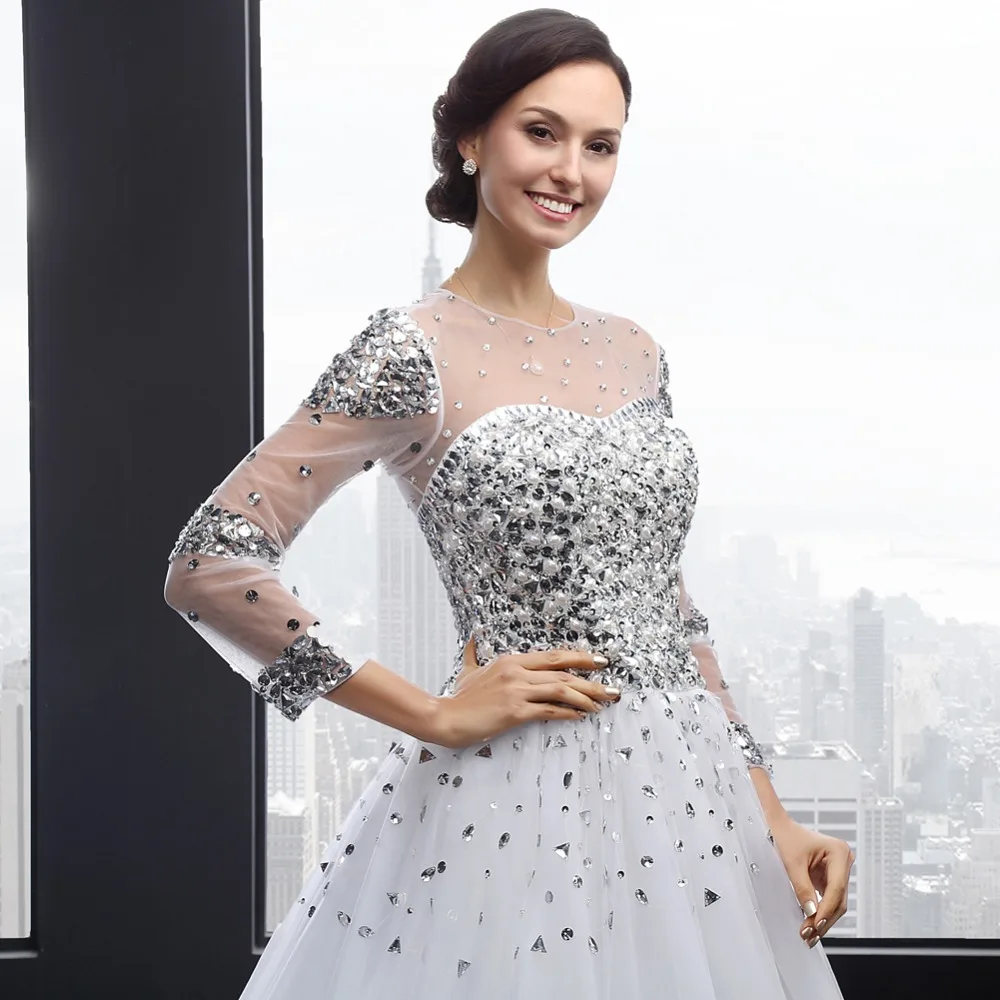 Белый узелок платье-линии развертки поезд кристалл раскаты тюль Vestido де Noiva с