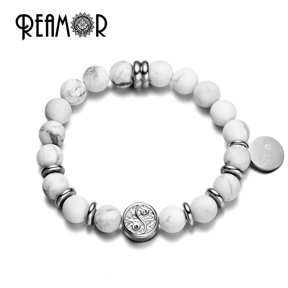 Браслет из нержавеющей стали REAMOR браслет 316L с бусинами Tai Ji белый Howlite прочное