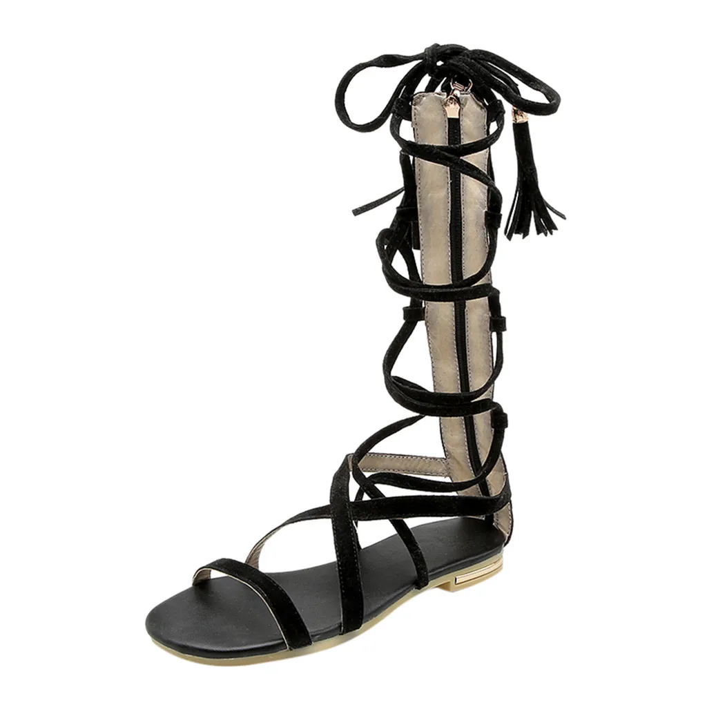 Черный YOUYEDIAN/сандалии-гладиаторы; женская обувь на платформе в стиле ретро; женские длинные дизайнерские тапочки; нескользящая обувь на плоской подошве с перекрестной шнуровкой; сандалии в римском стиле;# w40 - Цвет: Черный