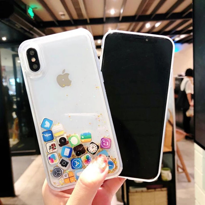 

Funny Apps Icon Glitter Stars Phone Case for iPhone 11 Pro X XS Max XR Dynamic Liquid Quicksand Cover For iPhone 5SE 8 7 6s Plus