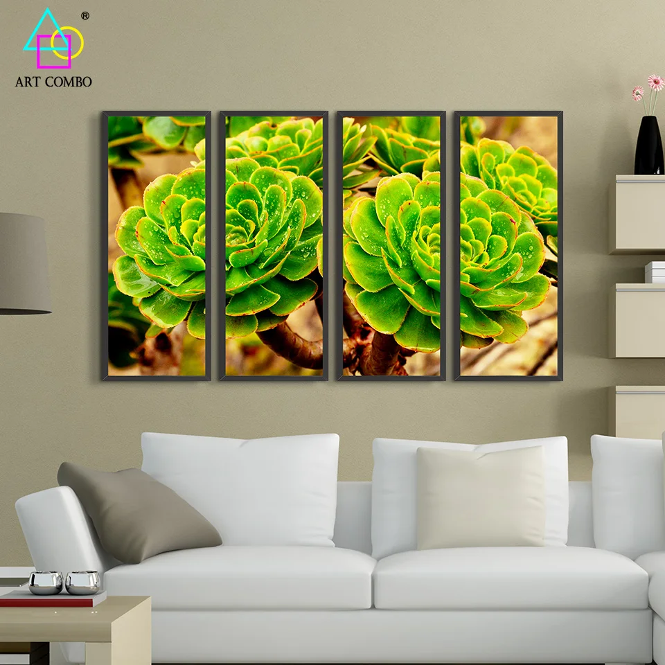 4 Панелей Реализм Живопись Красивый Цветок Расцветает Мясистые Растения Рисунок