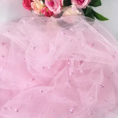 Pink Чистый белый, белый, черный, розовый, Тюлевая сетчатая кружевная ткань, кружево из бисера, Тюлевое кружево с жемчугом! 1 ярд непрерывной ткани - Цвет: Pink