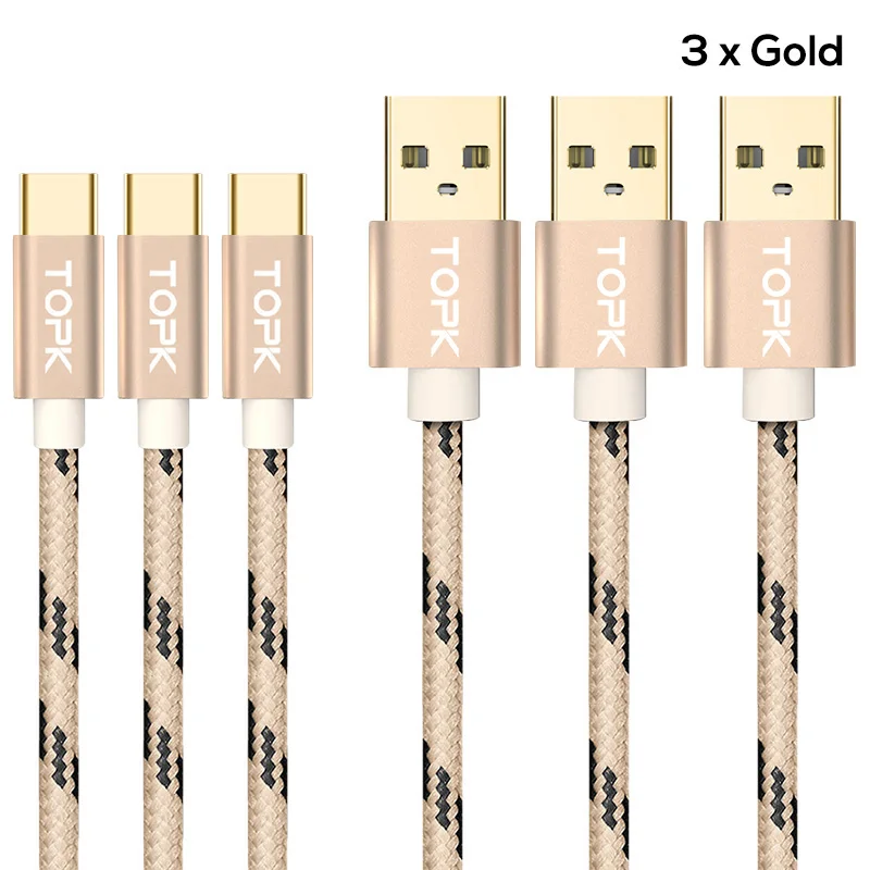 TOPK usb type-C кабель нейлоновая линия и металлический штекер type-C кабель синхронизации данных для samsung Galaxy S9 S8 Plus USB-C кабели - Цвет: Золотой