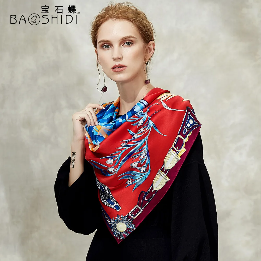 Женский атласный шарф BAOSHIDI платок из 100% шелка на 16 момме квадратный 106*106 с