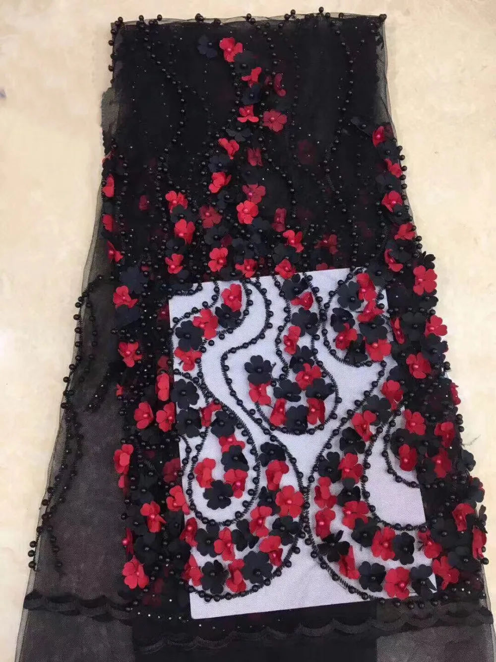 

Новейшая Роскошная красная Черная 3D Ручная вышивка бисером для невесты, африканские кружевные ткани, ручная работа, бусины для ногтей, фран...